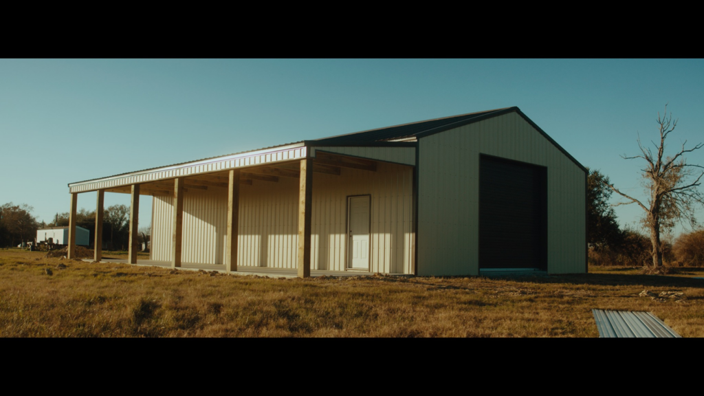 A newly constructed metal barn or building with an attached lean-to, built by Southern Style Barns & Buildings LLC in Lake Charles, LA.