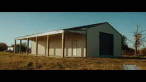 A newly constructed metal barn or building with an attached lean-to, built by Southern Style Barns & Buildings LLC in Lake Charles, LA.