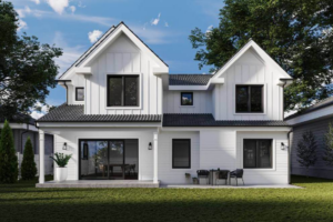 A newly constructed modern farmhouse-style home, showcasing general contractor work by American Glass & Window Inc in Hialeah, FL.