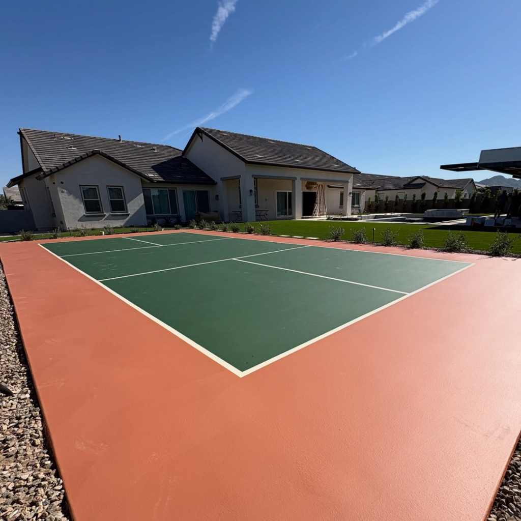 A newly coated outdoor sports court with green and orange surfaces by Savage Coatings in Lakeland, FL.