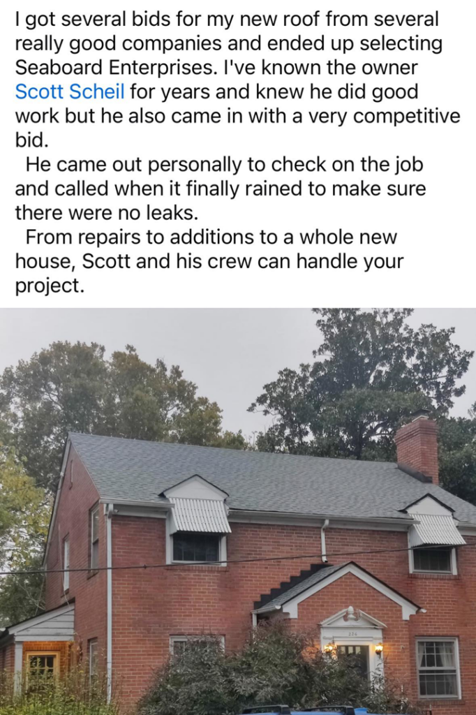 A newly installed gray roof on a brick house, showcasing quality roofing services by Seaboard Enterprises in Suffolk, VA.