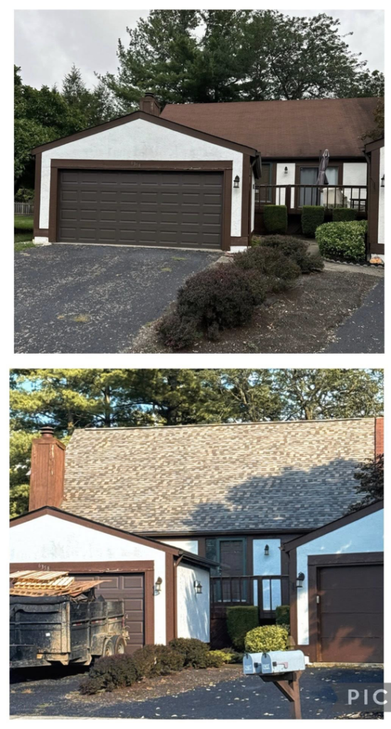 Before and after of a house with a new roof installation by Emilee Slaughter, Home Exterior Specialist in Grove City, OH