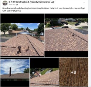 A collage showing a brand new roof and sheeting installation completed by D-N-M Construction & Property Maintanence LLC in Dayton, OH.