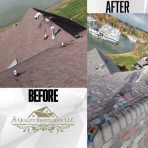 Close-up view of new roof shingles installation by A Quality Restoration Services in Louisville, KY.