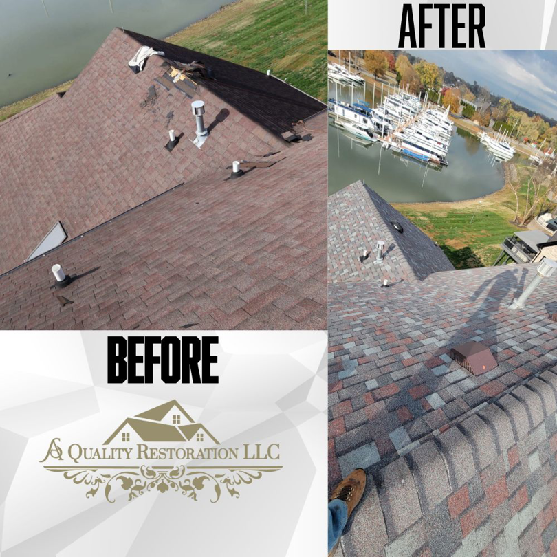 Close-up view of new roof shingles installation by A Quality Restoration Services in Louisville, KY.