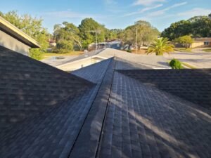 A newly installed dark shingle roof, showcasing quality craftsmanship by Serene Construction, LLC in Richmond, VA.