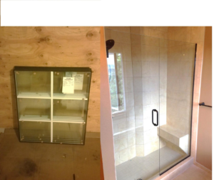 A split image showing a new window unit and a completed glass shower installation by Glazed Peak Glass Company in Colorado Springs, CO.