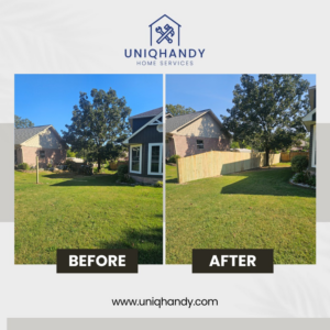 A new wooden fence installed in a backyard, showcasing a handyman service by UniqHandy in Little Rock, AR.