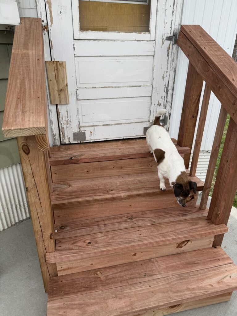 Close-up of newly constructed wooden entry stairs, showcasing quality carpentry from Great Falls Deck & Carpentry in Great Falls, MT.