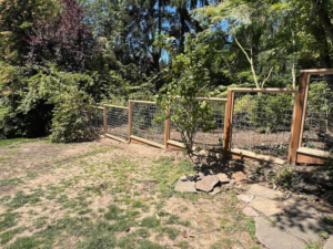 Newly installed wooden and wire mesh fence in a backyard by Balance Painting & Remodeling, LLC in Portland, OR.