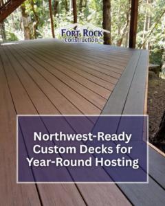 Newly built custom deck in a natural setting, showing deck building and repair by Fort Rock Construction, Inc. in Cottage Grove, OR.