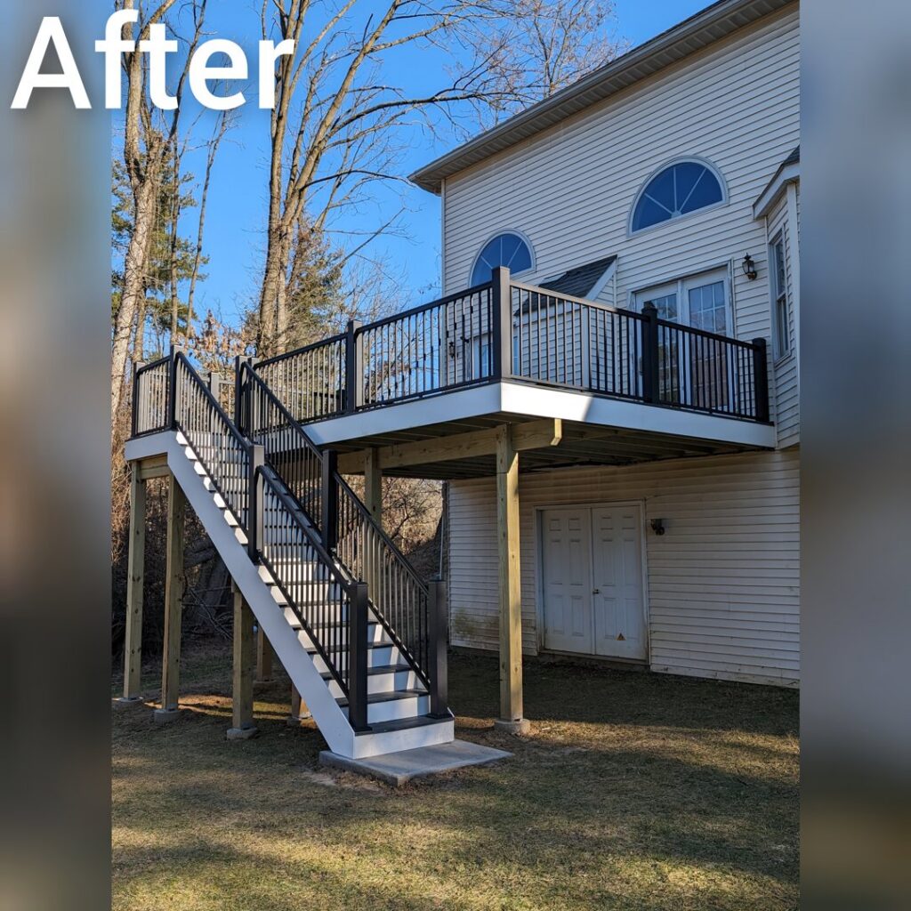 A newly built elevated deck with stairs and black railings by Adam's Handyman and Contracting in Lancaster, PA.