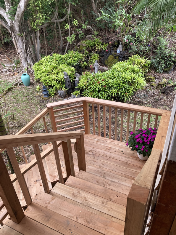 Newly built wooden deck and stairs construction by Handyman Jeff in Keaau, HI