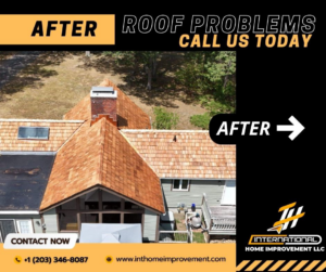 An aerial view of a house with a newly installed cedar shake roof, showcasing completed roofing work by International Home Improvement LLC in Marion, IN.