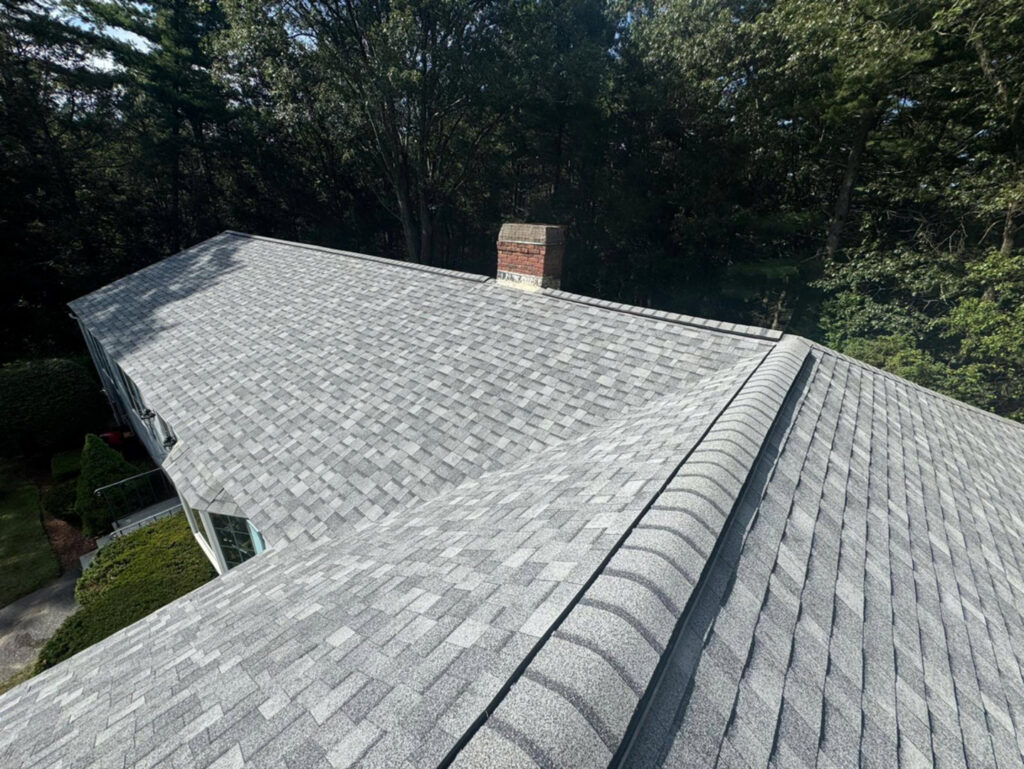 A close-up view of a newly installed gray shingle roof completed by Joe's Roofing in Strongsville, OH.