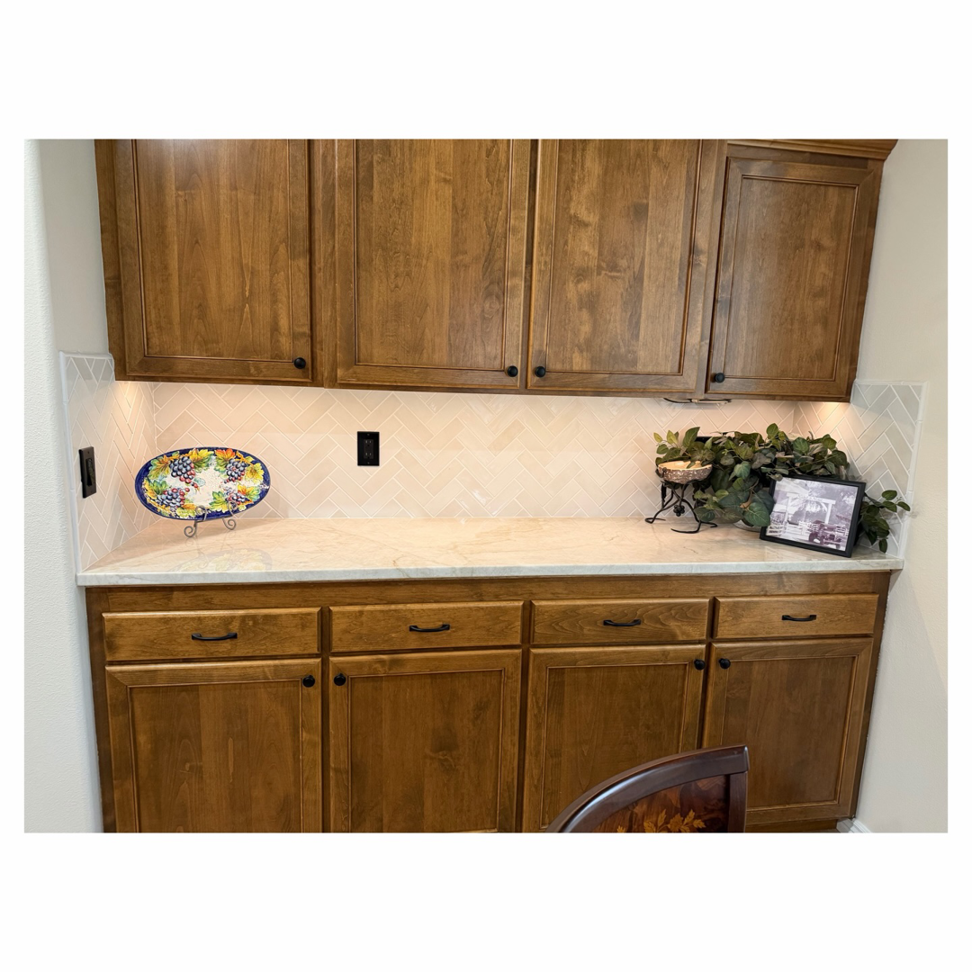 Newly installed kitchen backsplash and custom cabinets by Tom Broglia Building & Remodeling Services in Boise, ID.