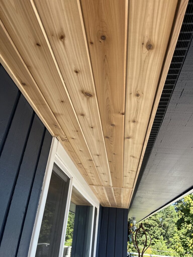 Newly installed wood soffit on an exterior overhang by Prime Construction ent. in Bloomingburg, NY