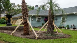 Newly planted palm trees supported by wooden braces in a residential yard by Tree Service Henderson in Henderson, NV.