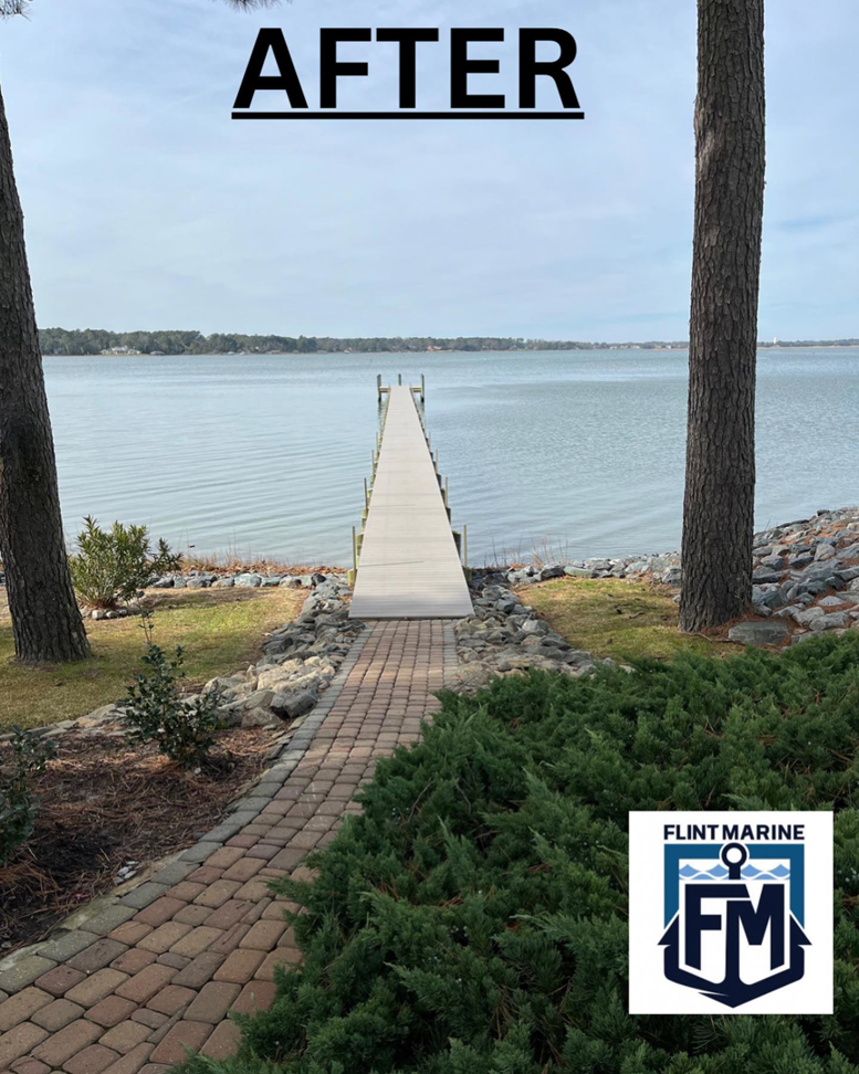 A newly constructed or repaired dock viewed from the land by FLINT MARINE CONSTRUCTION in Virginia Beach, VA.
