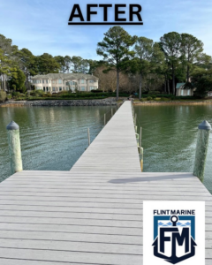 A newly constructed or repaired dock viewed from the water by FLINT MARINE CONSTRUCTION in Virginia Beach, VA.