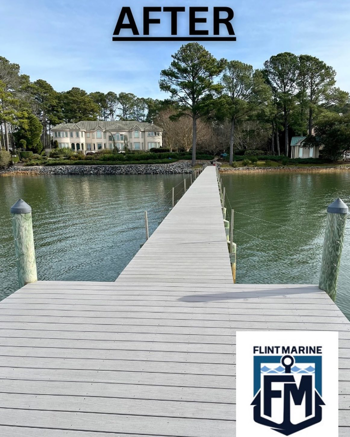 A newly constructed or repaired dock viewed from the water by FLINT MARINE CONSTRUCTION in Virginia Beach, VA.