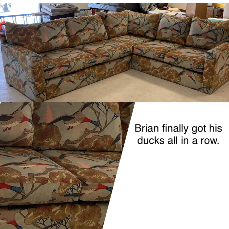 A newly upholstered sectional sofa with a unique duck pattern by Brian Hall Undercutters Upholstery and Handyman Services LLC in Anchorage, AK.