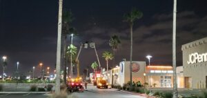 Multiple bucket trucks and workers trimming palm trees at night in a commercial area by JRs PALM TREE SERV. in Corpus Christi, TX.