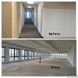 Before and after of an office renovation, including drywall installation, by Thomas Constructors LLC in Nashville, TN.