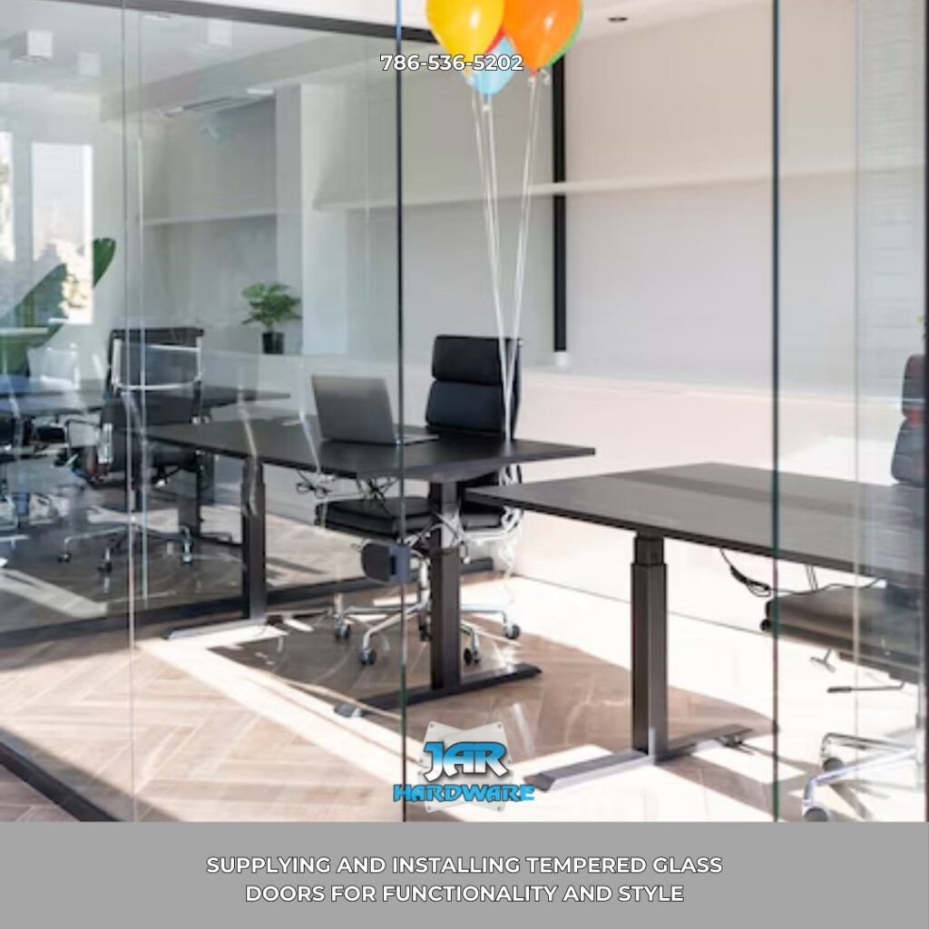 Modern office space with sleek glass partition walls installed by Jar Hardware in Hialeah, FL.