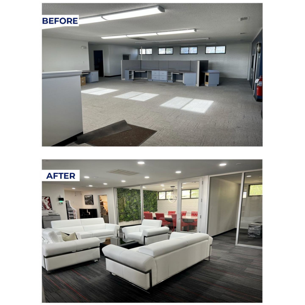 Before and after comparison of an office interior remodel by Rios Siding & Windows in Blue Springs, MO