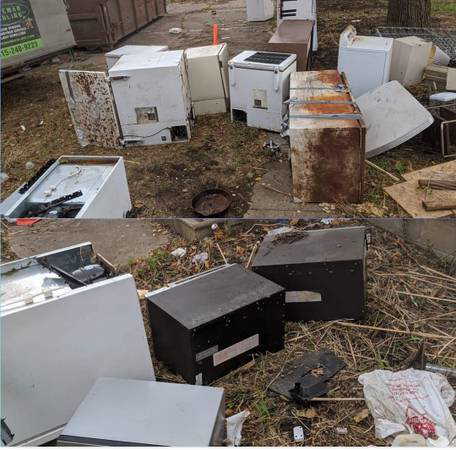 A pile of old, rusty appliances ready for junk removal by Kaveman Hauling LLC in Ankeny, IA.
