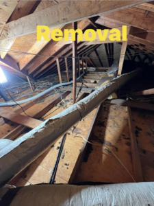 Old insulation and debris being removed from an attic by Architectural Insulation in Lake Charles, LA.