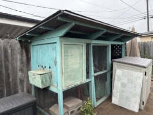 An old chicken coop and plastic storage bins awaiting removal by Impact Environmental Co. in El Cajon, CA.