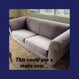 An old sofa in need of an upholstery makeover, a service offered by Brian Hall Undercutters Upholstery and Handyman Services LLC in Anchorage, AK.