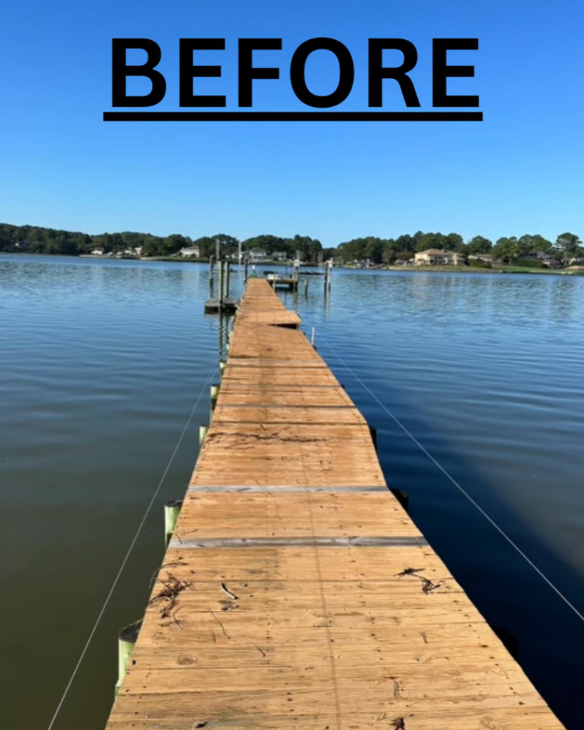 An old, worn wooden dock before repair or construction by FLINT MARINE CONSTRUCTION in Virginia Beach, VA.