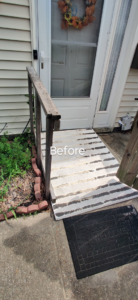 Old and worn wooden ramp and railing before renovation by Bernardo Buildings Inc in Virginia Beach, VA.
