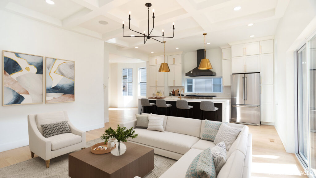 An open concept living room and kitchen with modern finishes and light wood floors by Inland Home Remodeling Inc. in Chicago, IL.