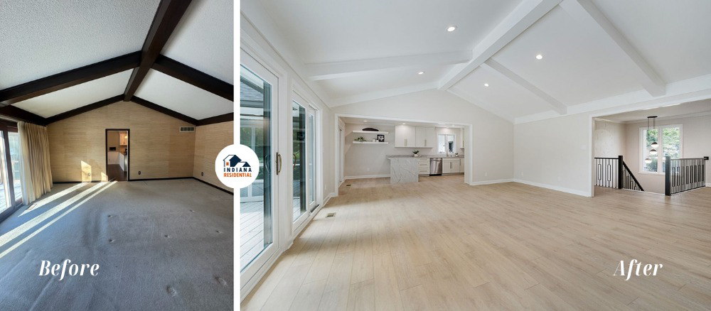 A before and after comparison of an open-concept living space renovation by Indiana Residential in Indianapolis, IN.