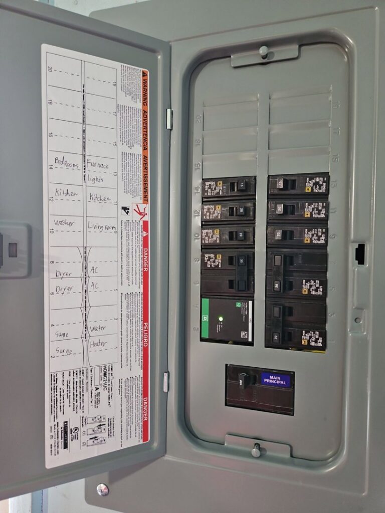 An open electrical panel with labeled circuits for rooms and appliances, installed by MorLite Electric in Newport News, VA.