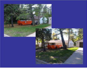 An orange roll-off dumpster placed in a residential yard, indicating a junk removal project by ECO Junk Removal in Duluth, MN.