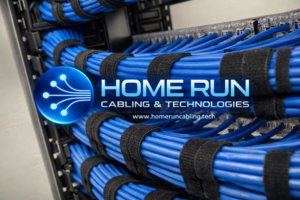 Professional installation of neatly organized blue network cabling in a server rack by Home Run Cabling & Technologies in Madison, WI.