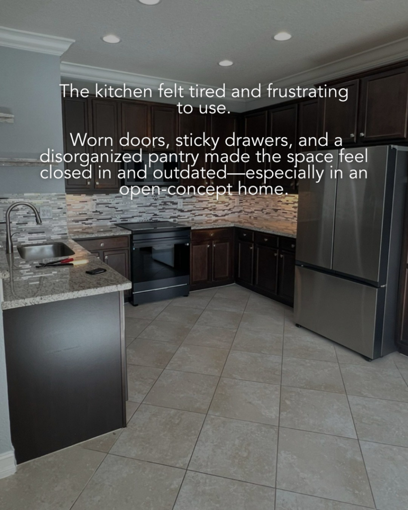 An outdated kitchen with worn doors and sticky drawers before a remodel by Kitchen Tune-Up Watertown, MA