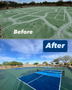 Before and after view of an outdoor court resurfacing project completed by Savage Coatings in Lakeland, FL.