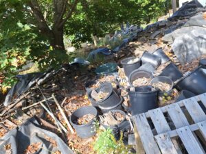 An outdoor pile of debris including wooden pallets, black pots, and tarps, ready for removal by Sunshine junk removal LLC in Lake City, MN.