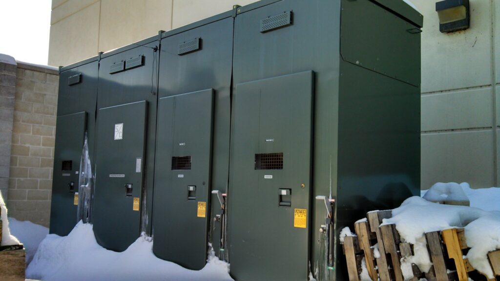 Large outdoor electrical cabinets covered in snow, representing work by Valiant Electric Inc. in Kenosha, WI.