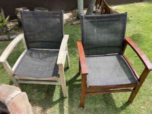 Before and after of outdoor furniture refinishing by Trusted Handyman in Honolulu, HI, showing a restored patio chair.