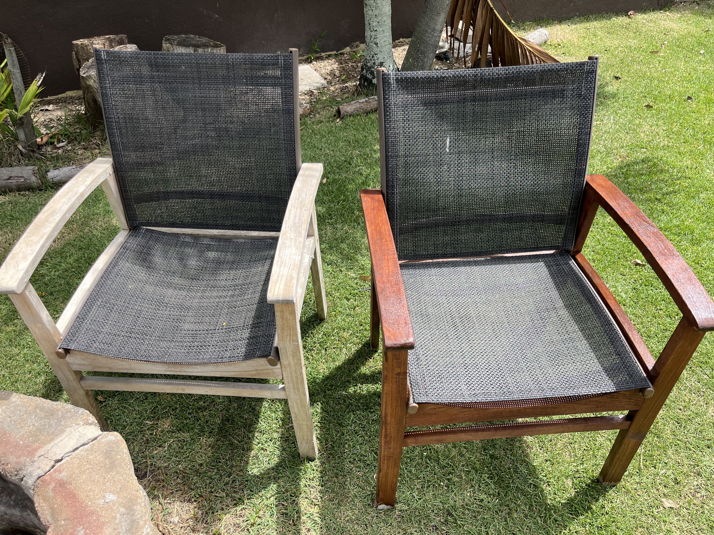 Before and after of outdoor furniture refinishing by Trusted Handyman in Honolulu, HI, showing a restored patio chair.