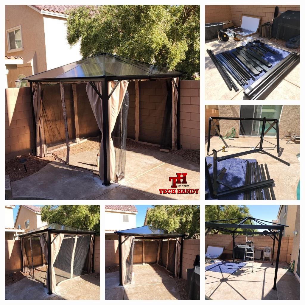A collage depicting the assembly process and final installation of an outdoor gazebo by Tech Handy-Las Vegas in North Las Vegas, NV.