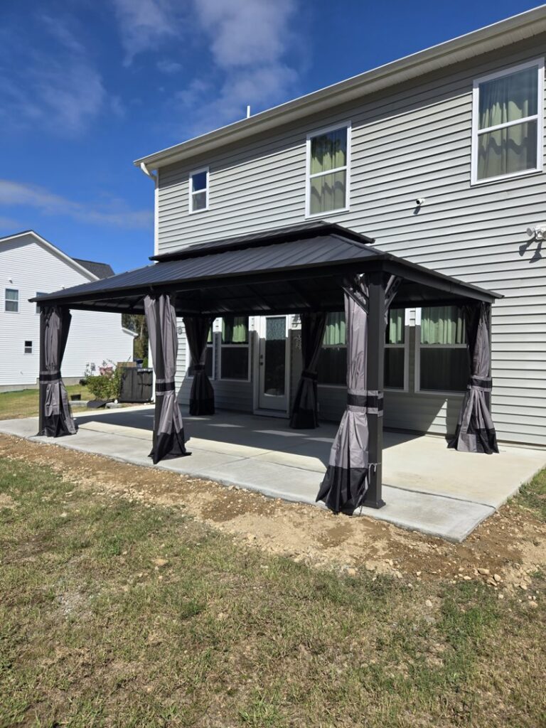 A newly installed outdoor gazebo on a patio, a service offered by Home FREA in Raleigh, NC.