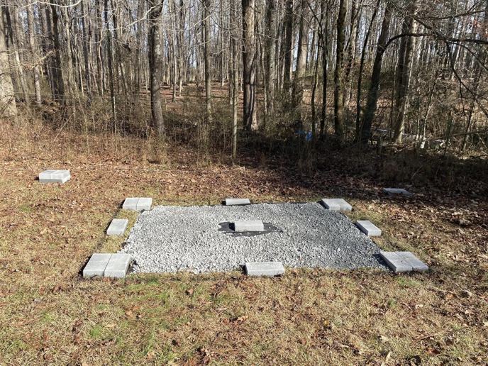 A prepared outdoor gravel pad with concrete blocks, ready for a shed or structure, by Atlanta Handyman and Repair LLC in Johns Creek, GA.